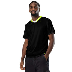 CoreDry V-Neck Training Jersey in Black with Lime Trim, designed for breathability and performance in sports and daily activities.