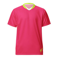 PowerPlay V-Neck Jersey in bold hyper pink with neon green detailing for women, perfect for training and performance.