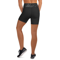 Back view of women's ribbed high-waisted shorts, showcasing textured design and smooth stretch fabric for comfort.