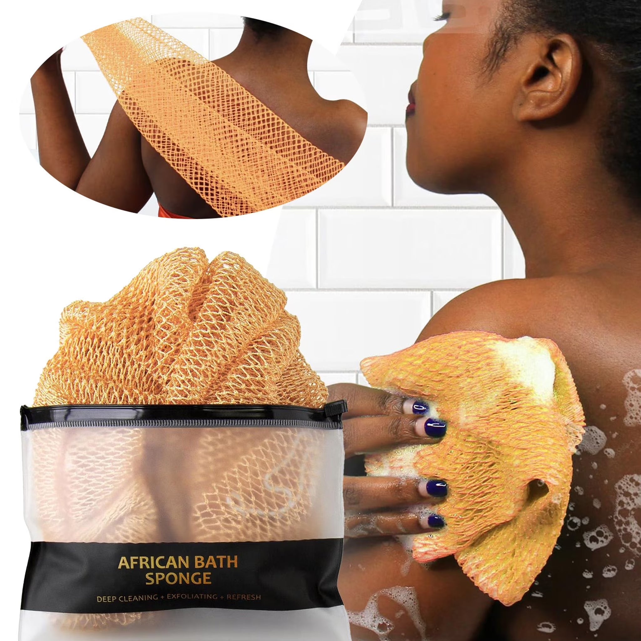 African Exfoliating Net Bath Smooth for deep cleaning and exfoliating, showcasing an orange mesh design on a model's back.