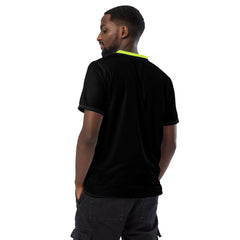 Man wearing the CoreDry V-Neck Training Jersey in black with lime trim, showcasing its breathable design.