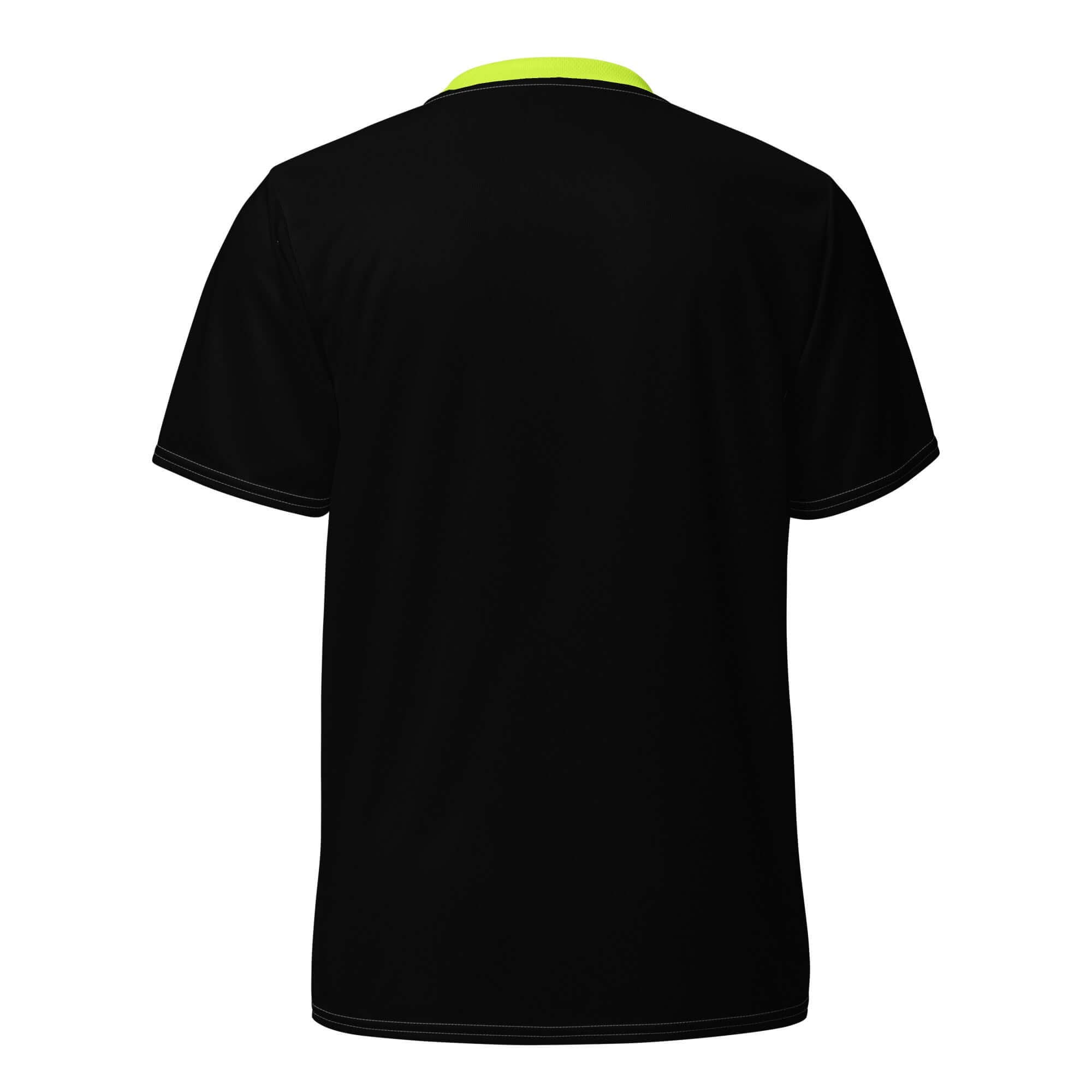 Back view of Velocity V-Neck Jersey in black with neon surge collar, made from 100% recycled performance fabric.