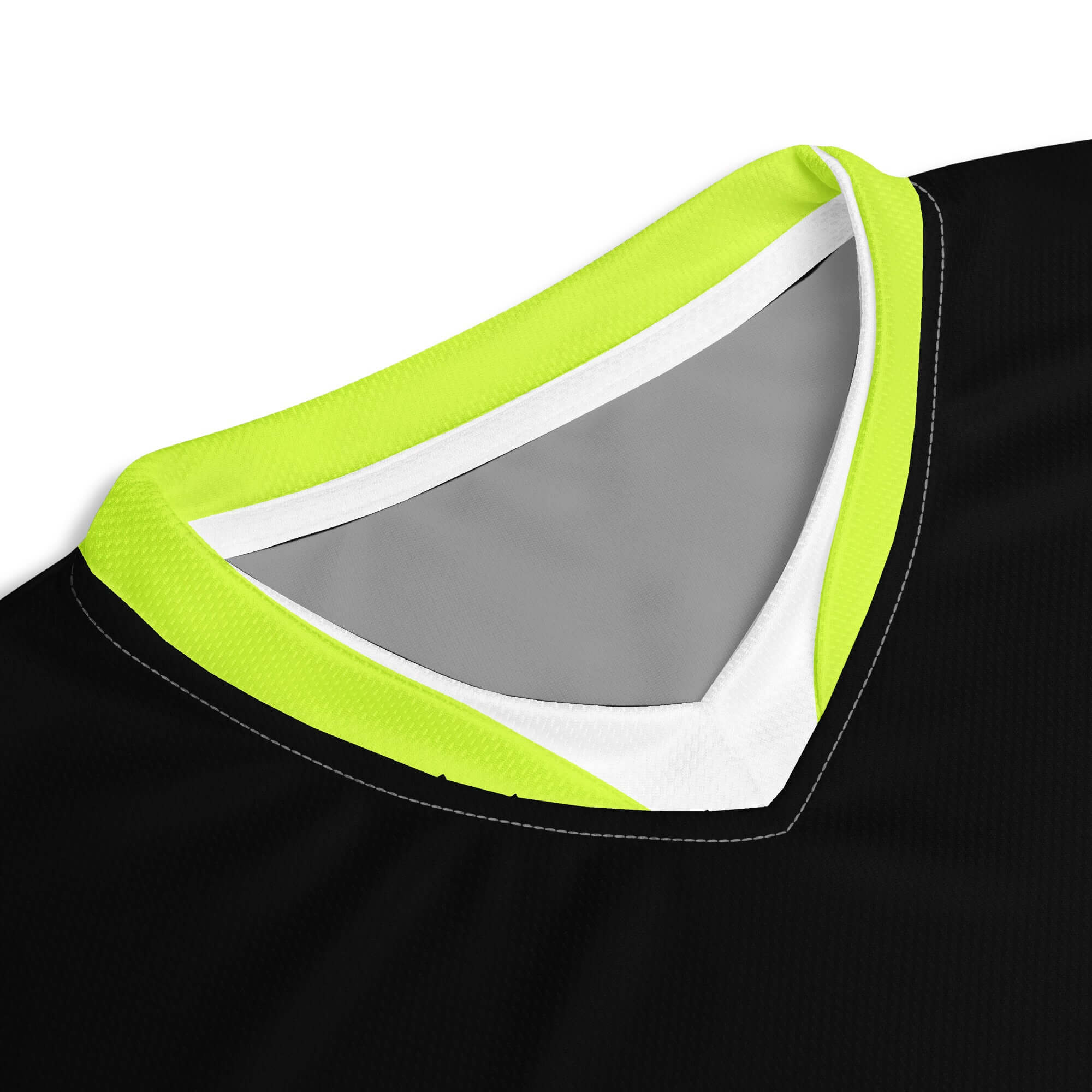 Close-up of Velocity V-Neck Jersey featuring black fabric and neon surge neckline detail.