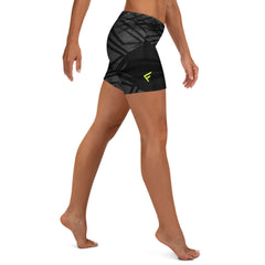 Women's MotionTech Geometric Black Shorts shown in action, featuring a four-way stretch for flexibility and urban design.