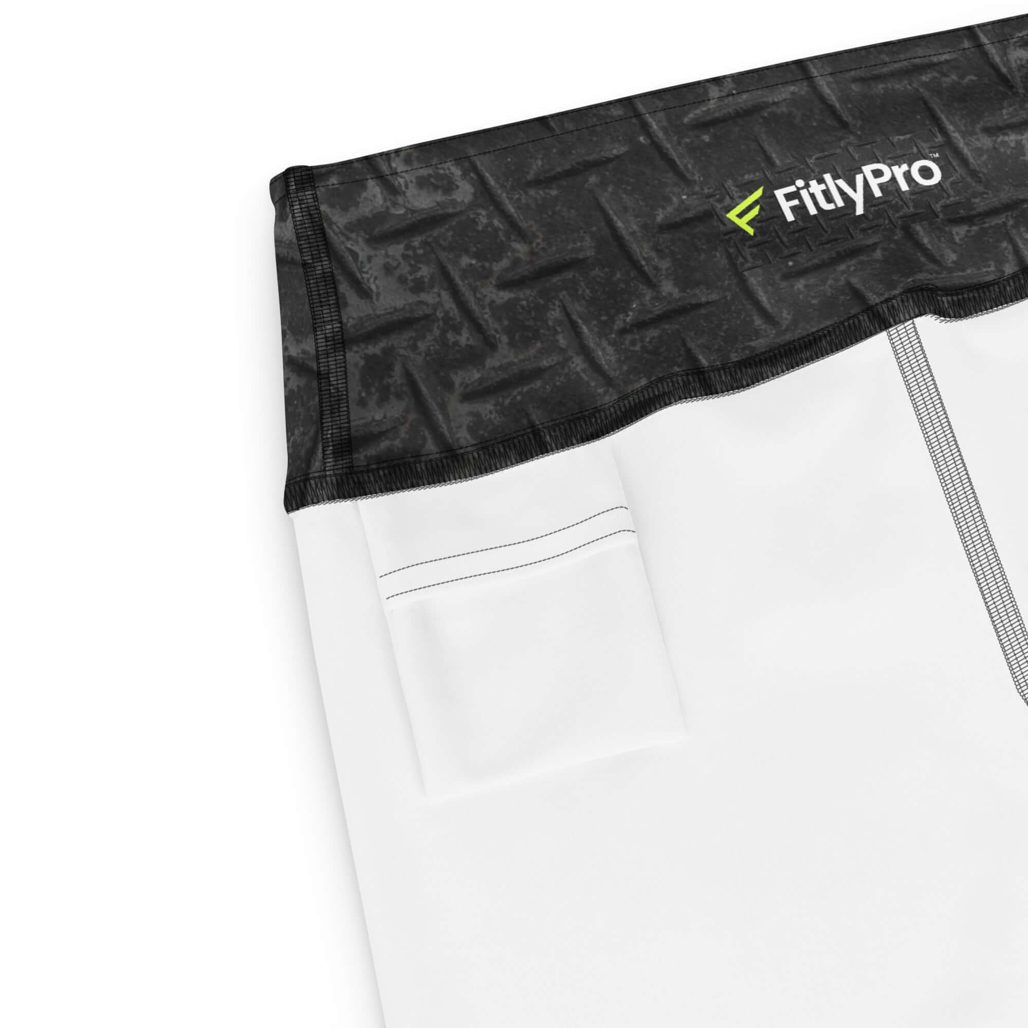 Close-up of FitlyPro women's high-waisted training shorts with a sleek black waistband and side pockets.