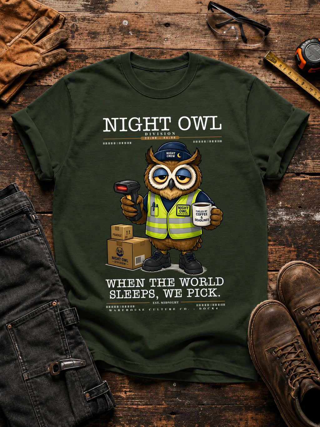 Green t-shirt with an owl graphic and text on a wooden surface with work-related items. Night Owl Division warehouse owl wearing a safety vest, holding a barcode scanner and coffee cup, with the slogan When the World Sleeps We Pick.