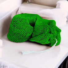 African Exfoliating Net Bath Smooth - Green African Net Sponge displayed on a bathroom counter.