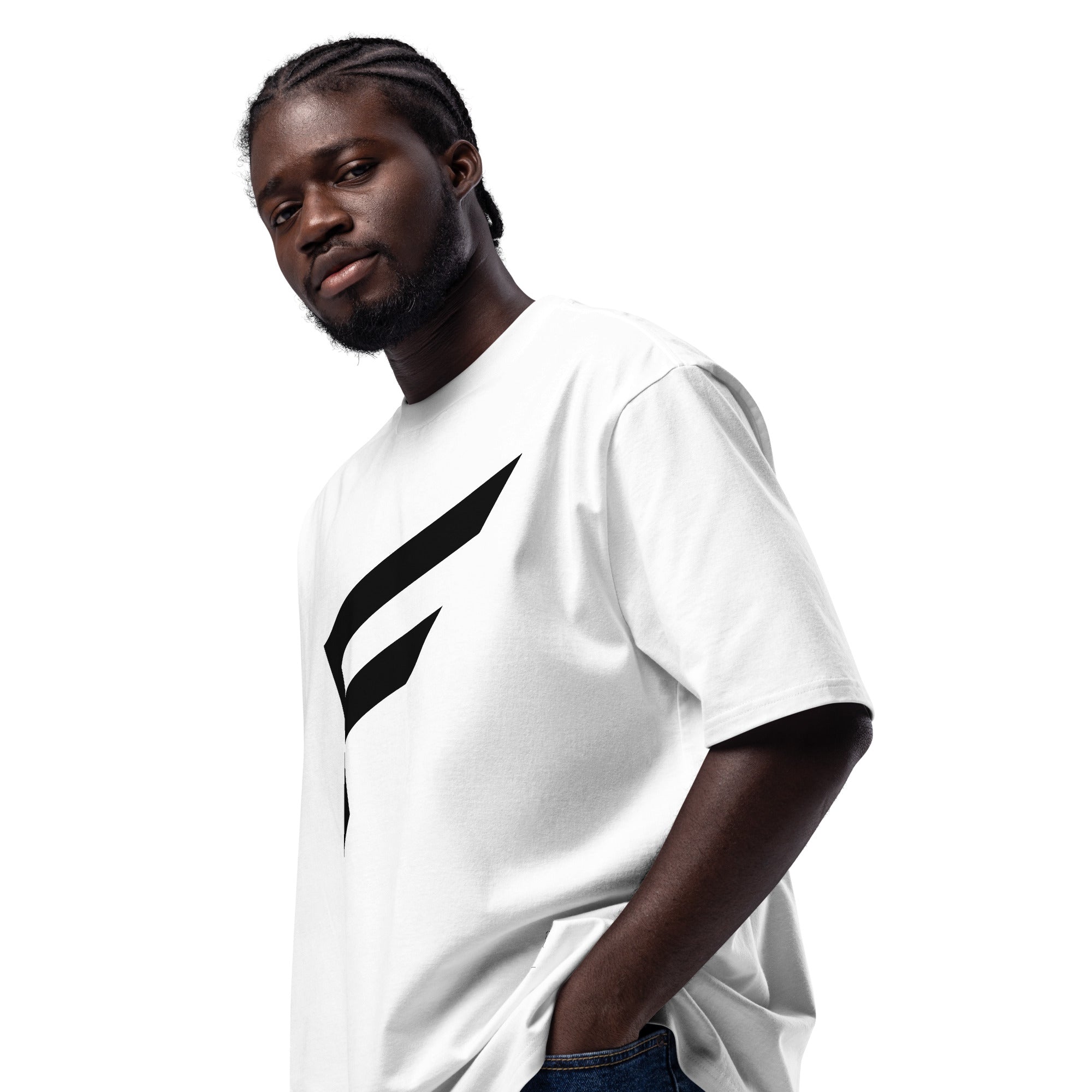 UrbanMark Edition oversized heavyweight tee in white with bold tonal chest mark, perfect for layering and styling.