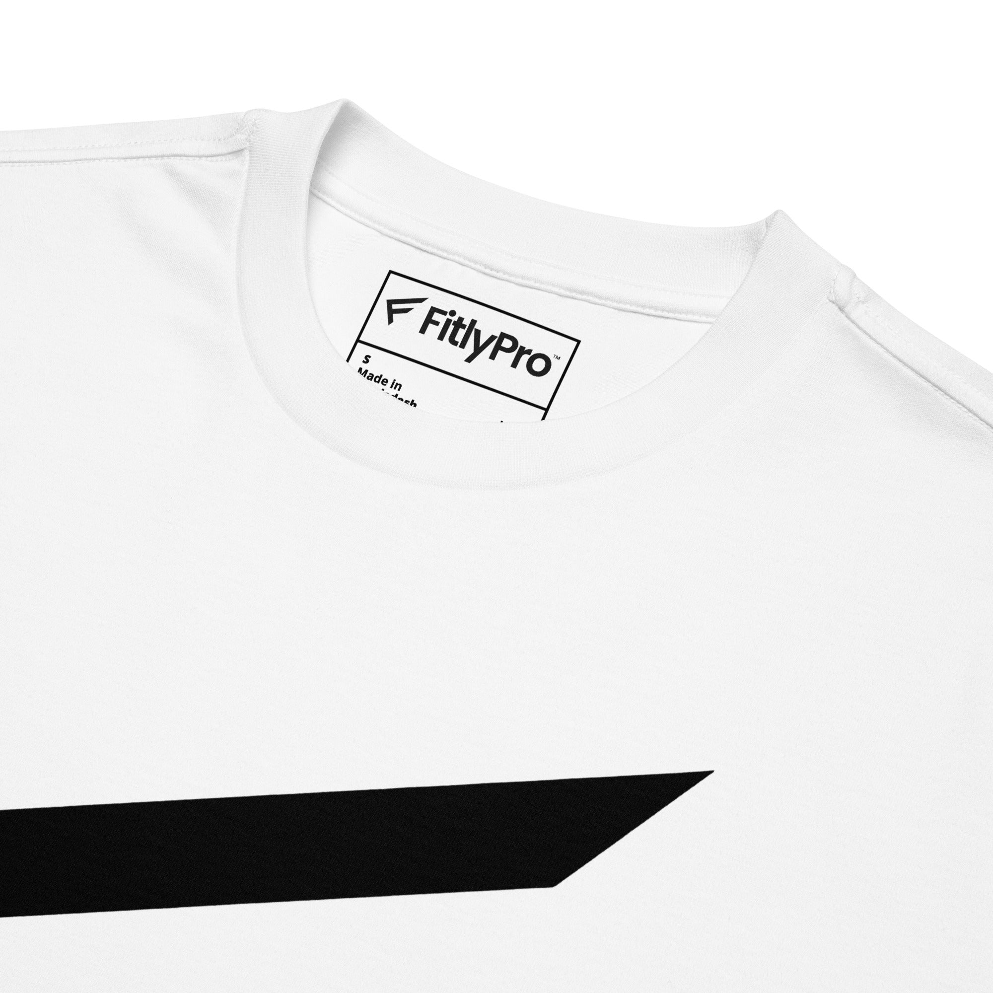 StreetCore Oversized Drop Shoulder Fit white tee collar and logo close-up.