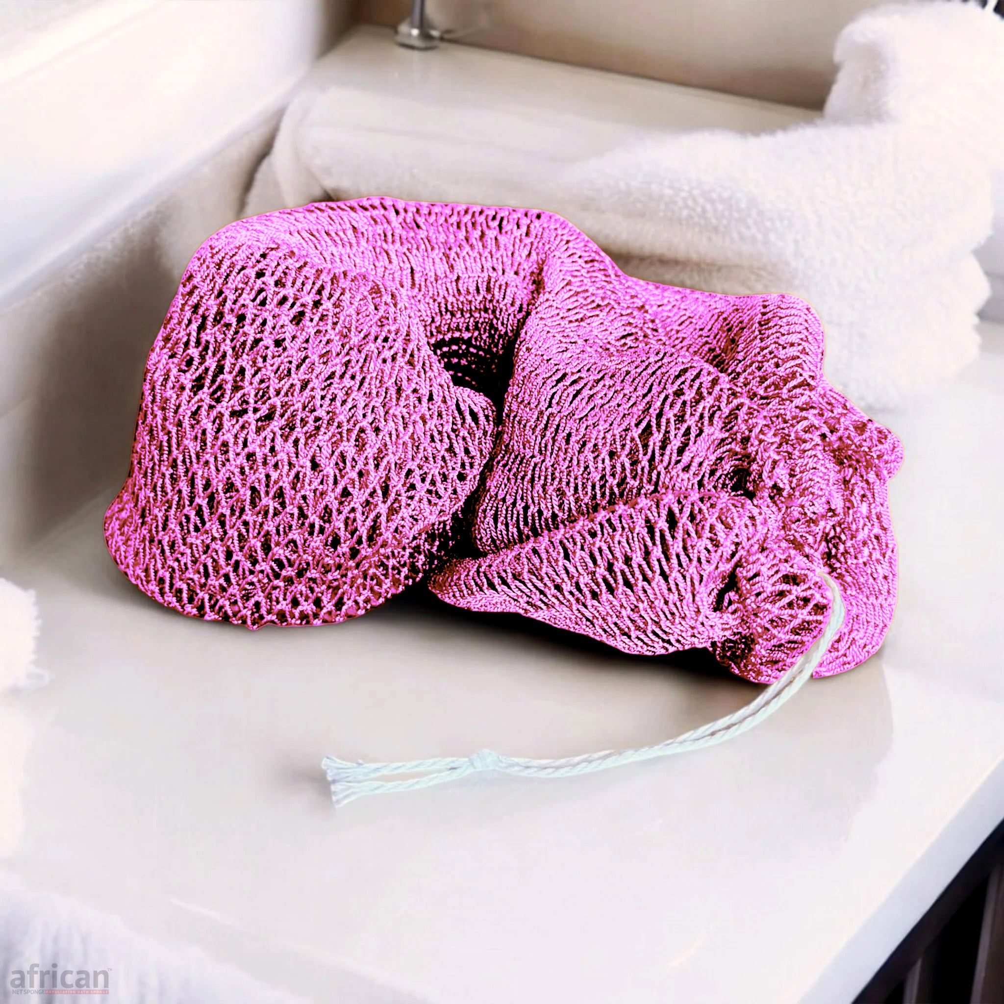 African Exfoliating Net Bath Smooth in pink, a complete-body bathing tool for rich lather and adjustable control.