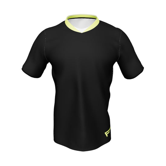 Velocity V-Neck Jersey in black with neon surge neckline, made from 100% recycled polyester, ideal for performance and style.