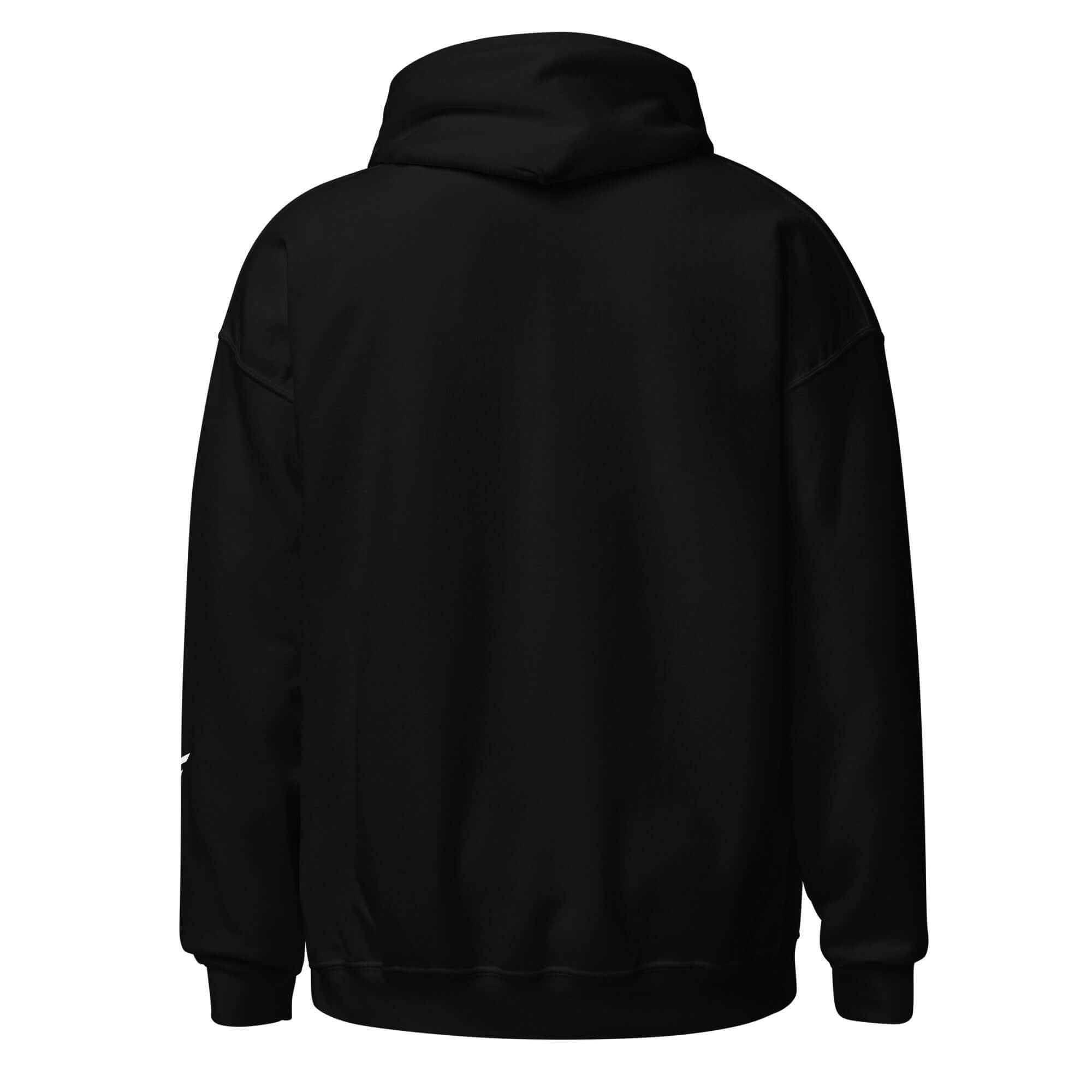 Back view of men's limited edition hoodie in black, featuring a comfortable, midweight design.