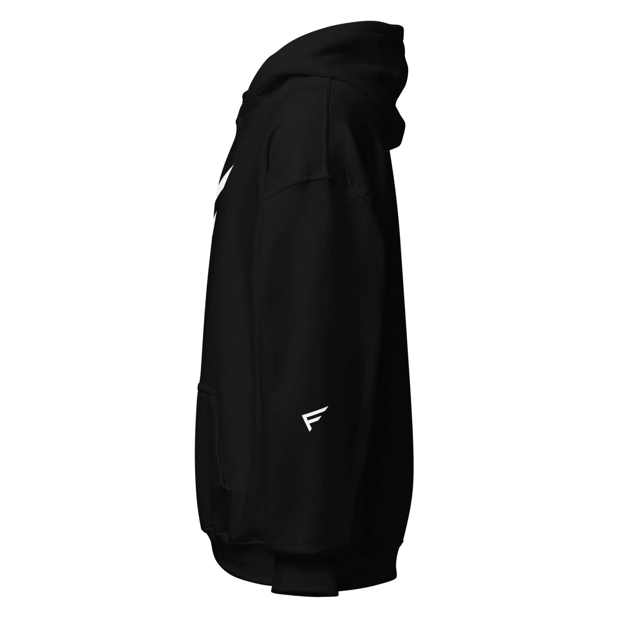 Men's black hoodie with side view, featuring signature 'F' emblem and pocket.