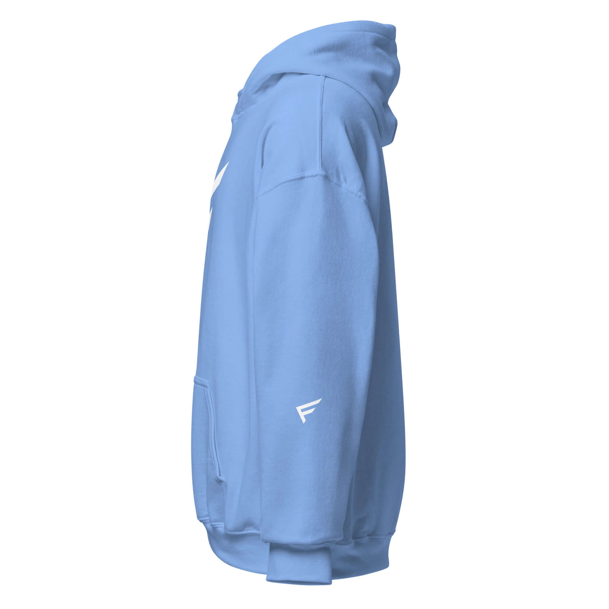 Side view of a women's limited edition blue hoodie featuring the signature 'F' emblem.
