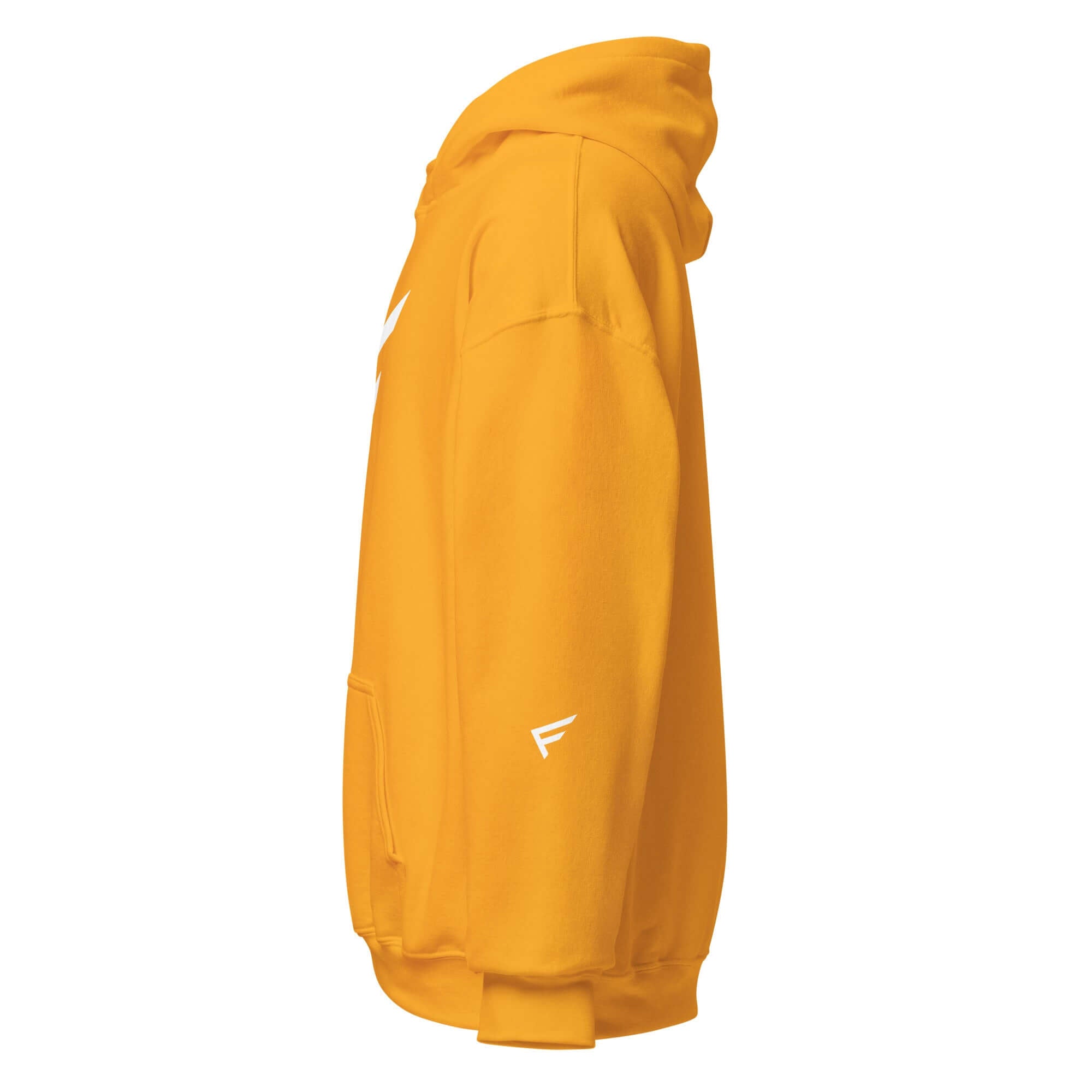 Women's limited drop yellow hoodie with signature 'F' emblem, side view, showcasing stylish and comfortable design.