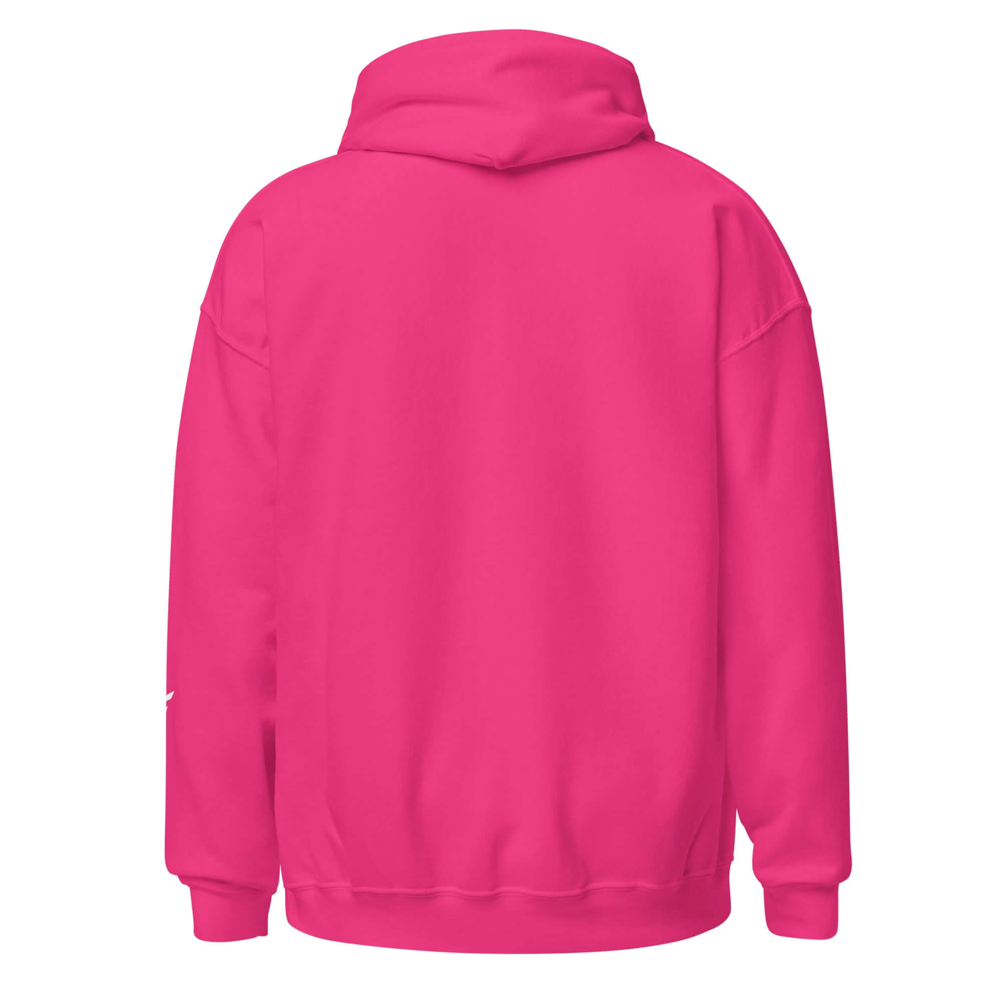 Back view of a vibrant pink women's hoodie in soft cotton-poly blend, perfect for everyday comfort and layering.