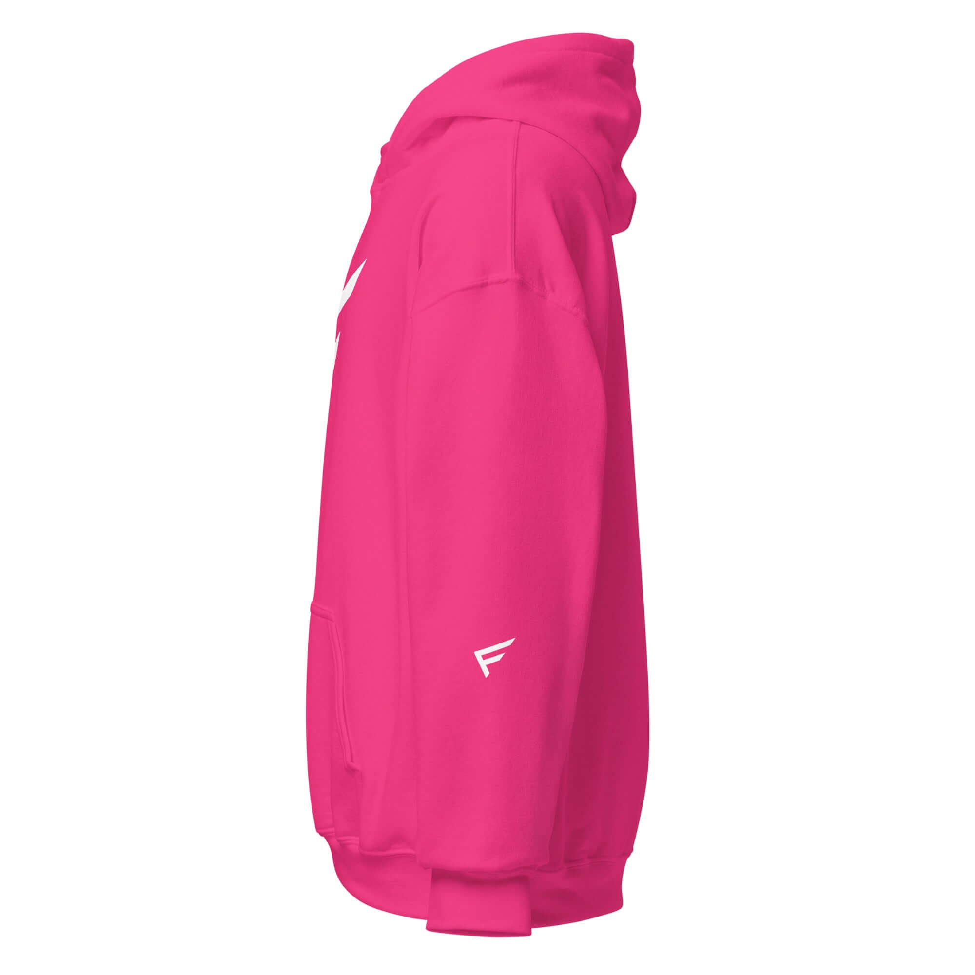 Side view of pink women's hoodie with signature 'F' emblem, designed for comfort and bold movement.