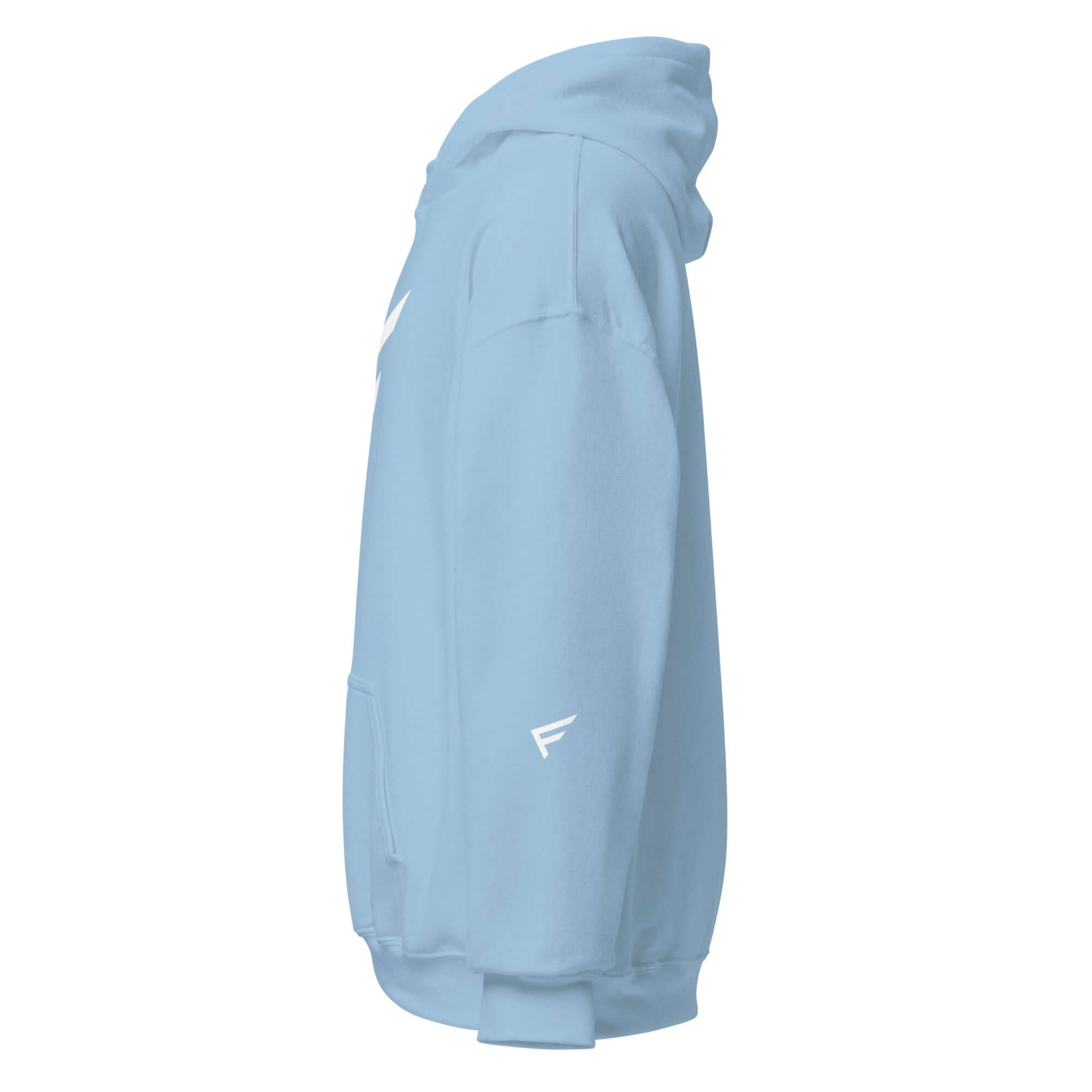 Side view of limited edition women's blue hoodie with signature 'F' emblem, designed for comfort and bold movement.