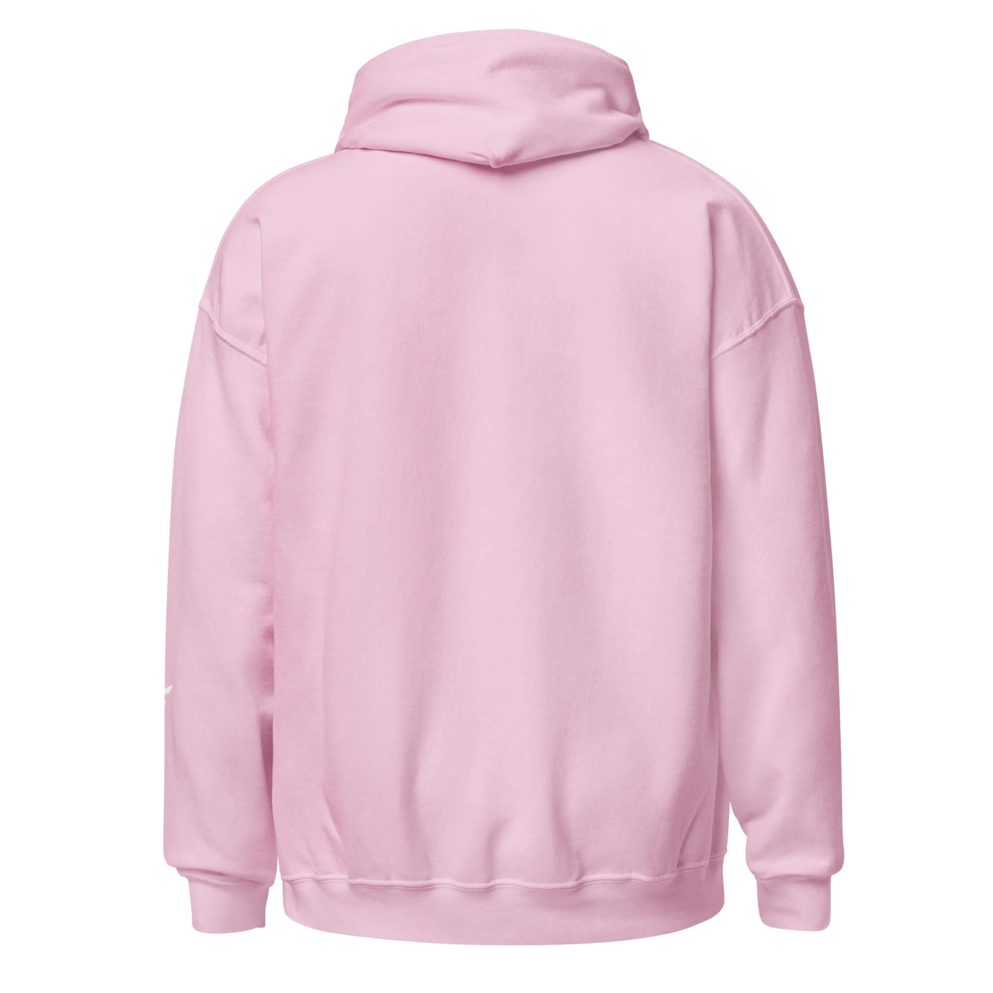 Back view of a women's pastel pink hoodie made from soft cotton blend for comfort and style.