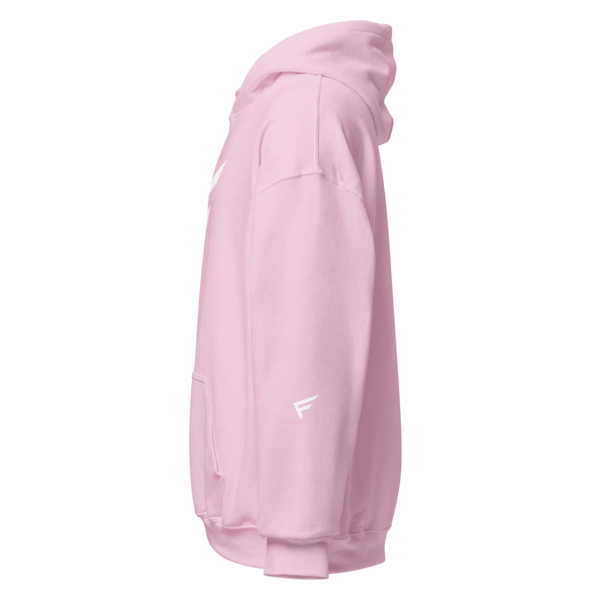 Side view of Women's Limited Drop Hoodie in pink featuring signature 'F' emblem for comfort and style.