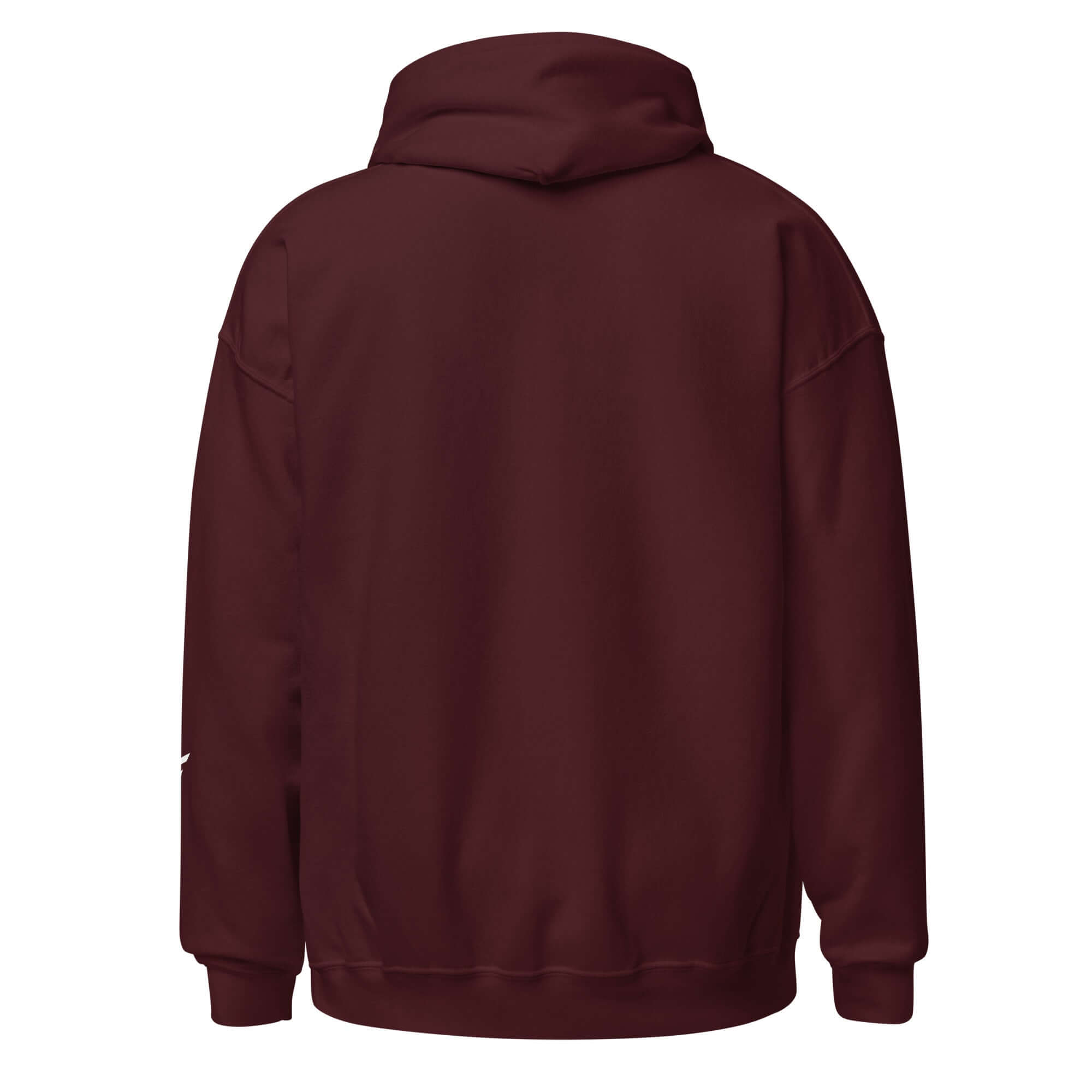 Back view of a men's hoodie from the Core Collection in classic burgundy color, showcasing its soft cotton blend fabric.