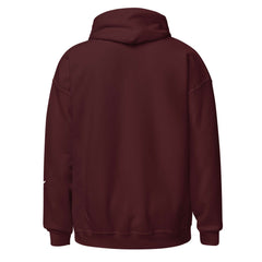 Back view of a men's hoodie from the Core Collection in classic burgundy color, showcasing its soft cotton blend fabric.