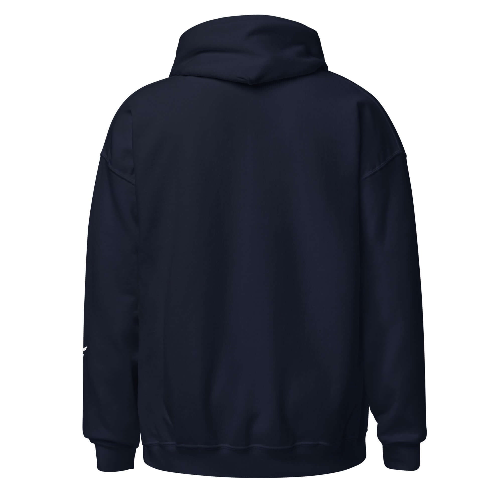 Back view of Men’s Hoodie from Core Collection in classic navy color, showcasing soft cotton blend material.