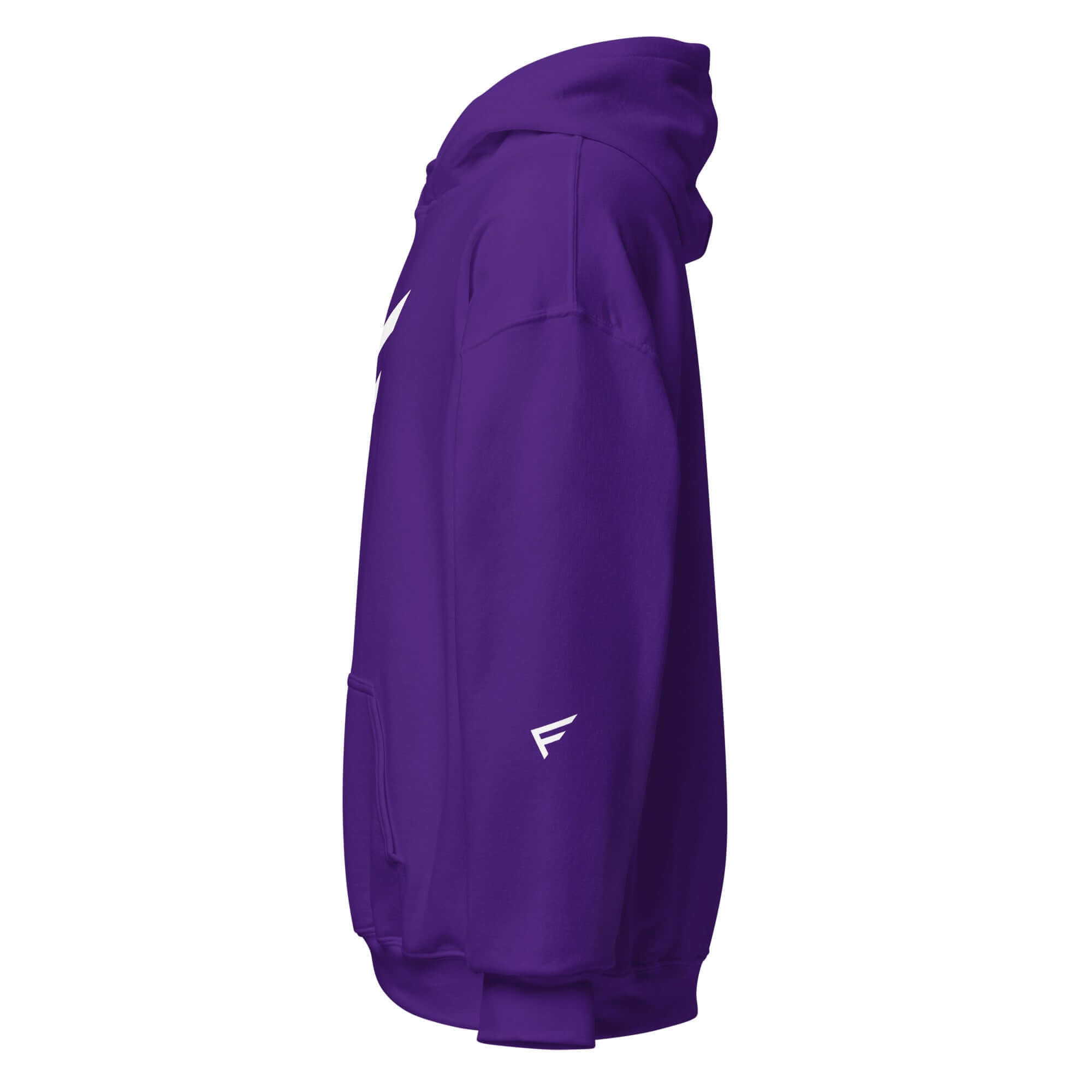 Side view of Women's Purple Hoodie featuring signature 'F' emblem, perfect for comfort and bold movement.