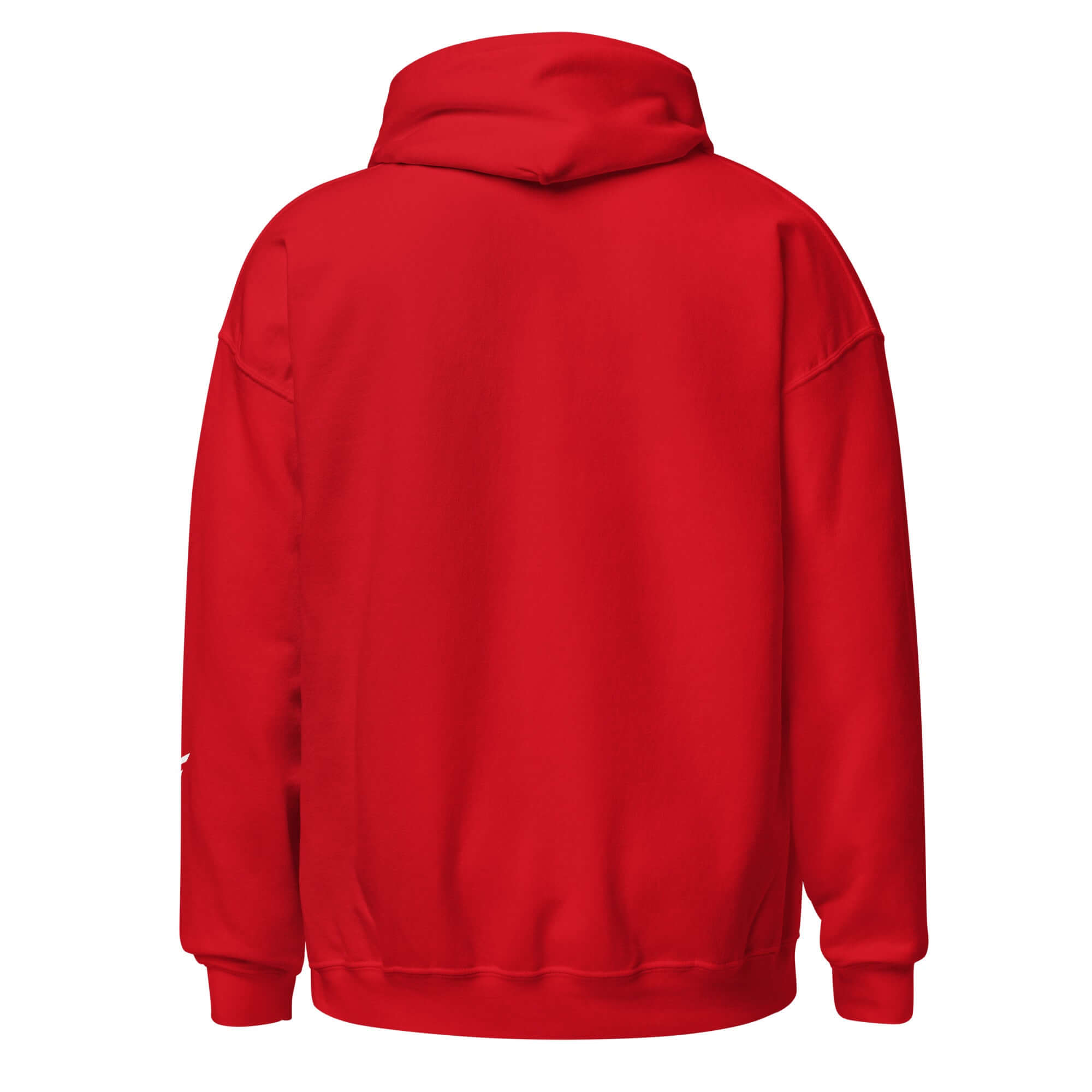 Back view of a red men's hoodie featuring a relaxed fit, ideal for layering and casual wear.