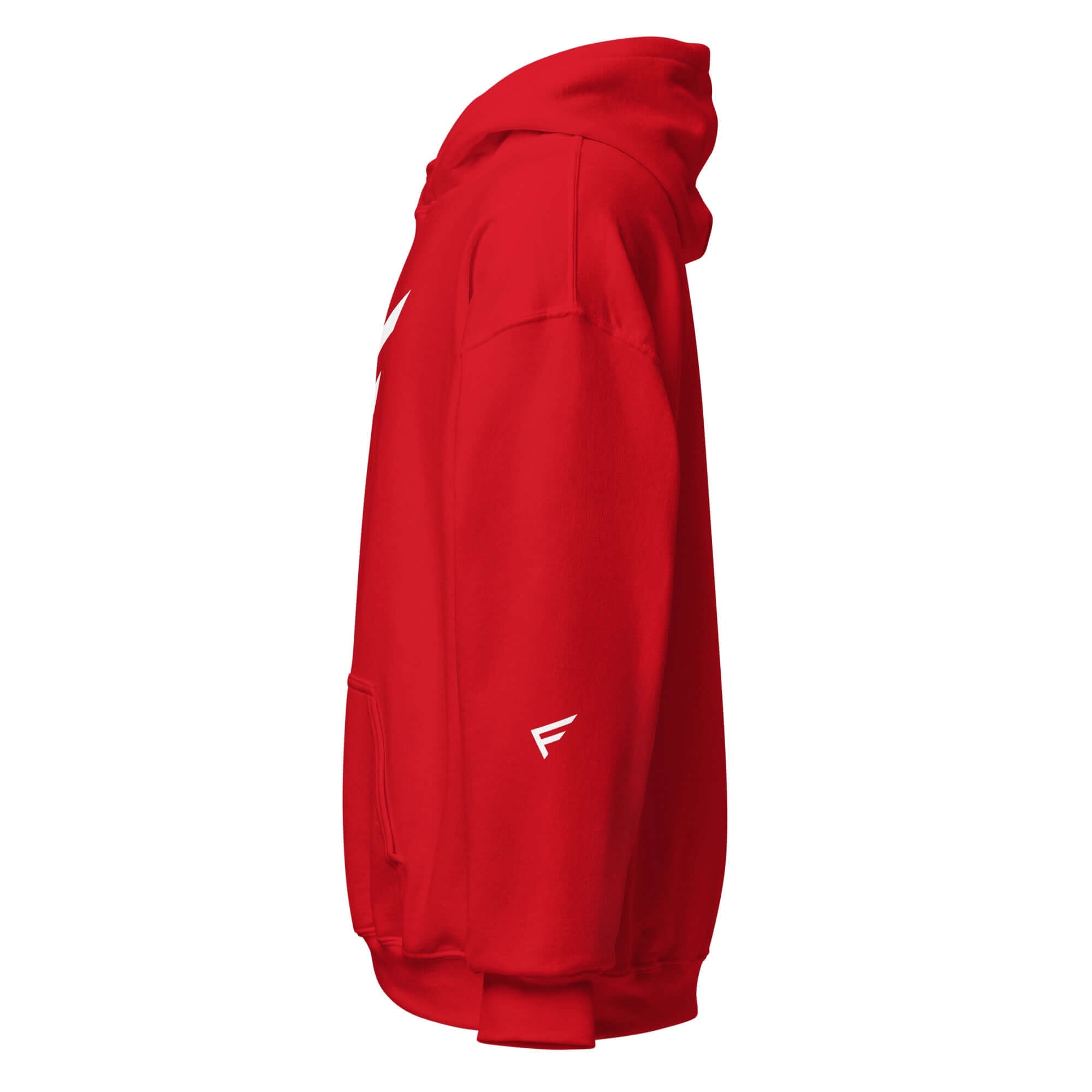 Men's red hoodie featuring signature 'F' emblem, showcasing a side view with a soft, durable cotton-poly blend.