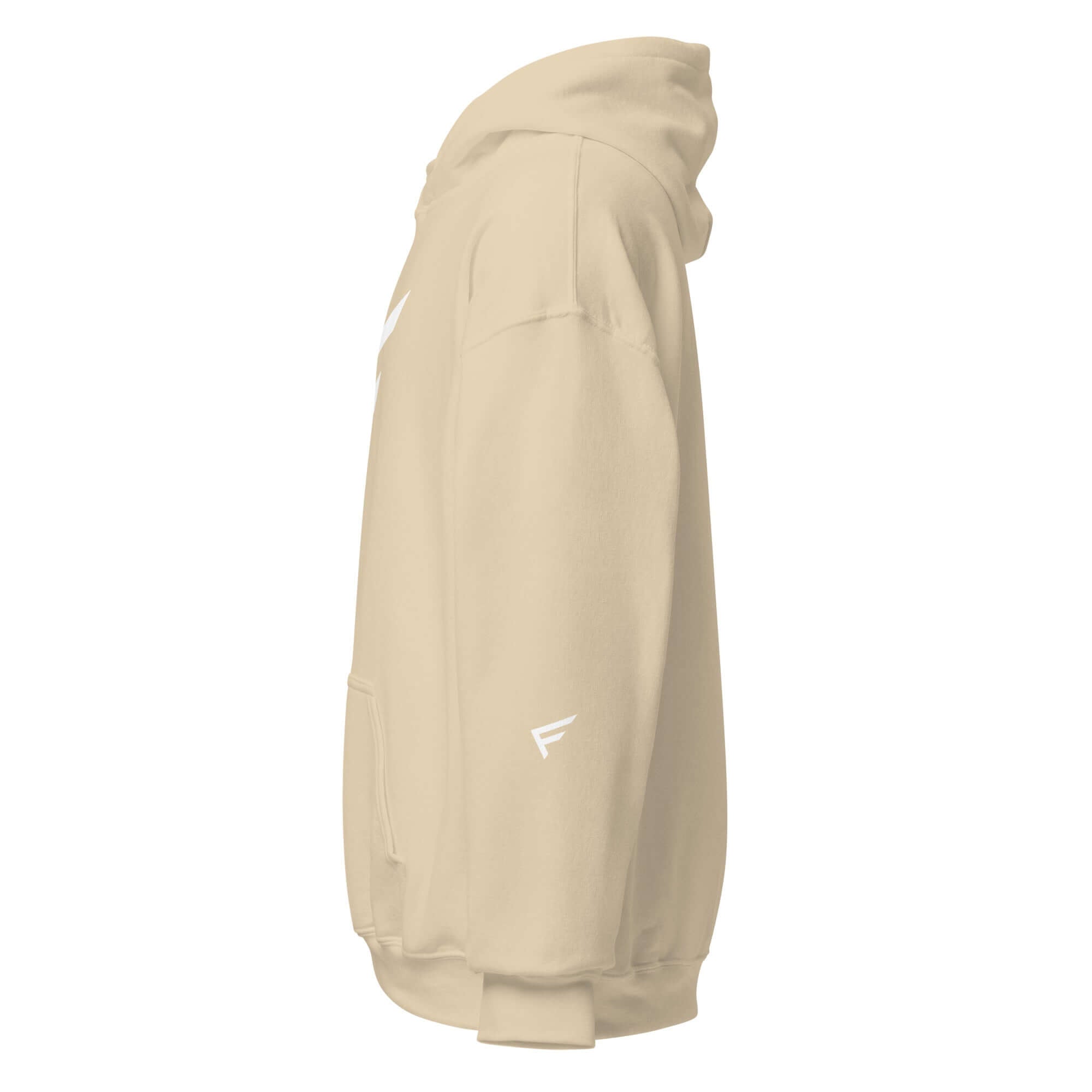 Side view of women's limited drop hoodie in beige featuring signature 'F' emblem, designed for comfort and movement.