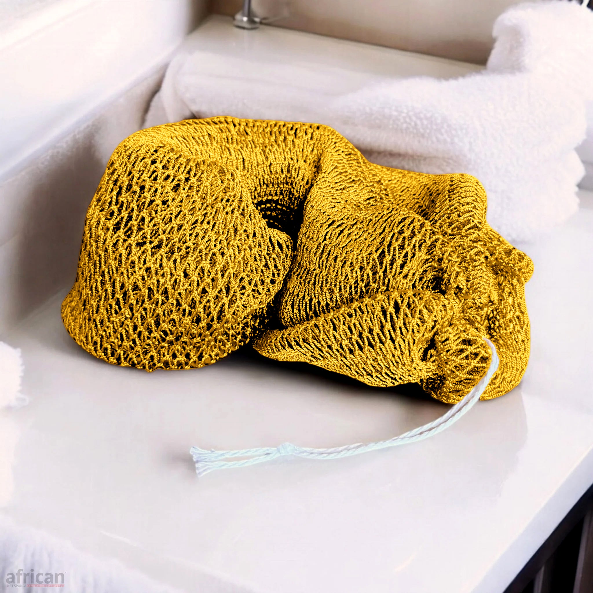 African Exfoliating Net Bath Smooth in bright yellow, designed for complete-body reach and rich lathering.